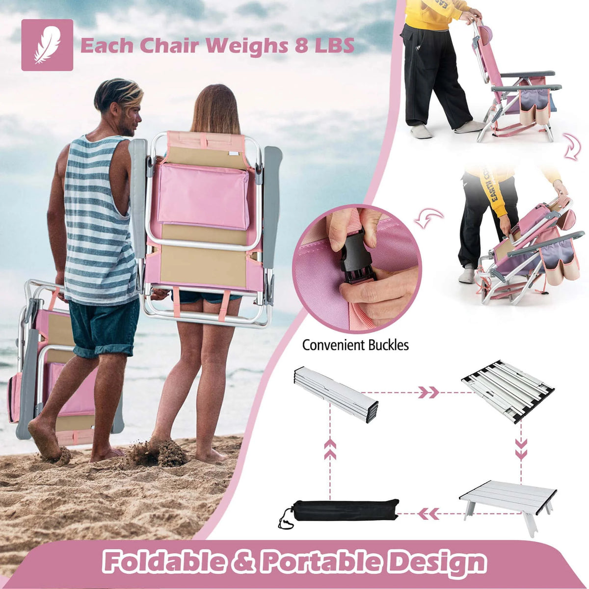 2-Pack Folding Backpack Beach Chair Pink H497132