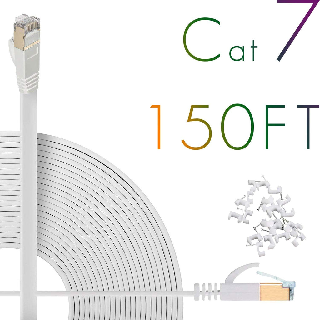 Cat7 Ethernet Cable 150ft Flat Shielded (STP) Solid Network Cord with Snagless RJ45 Connectors (White) F115