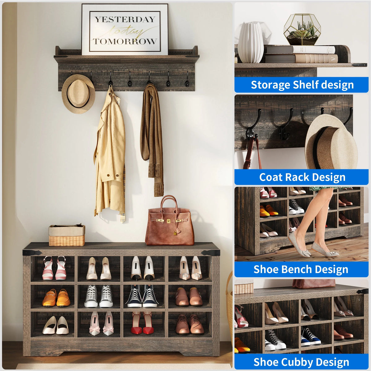 Industrial Hall Tree Coat Rack with Shoe Bench O489724