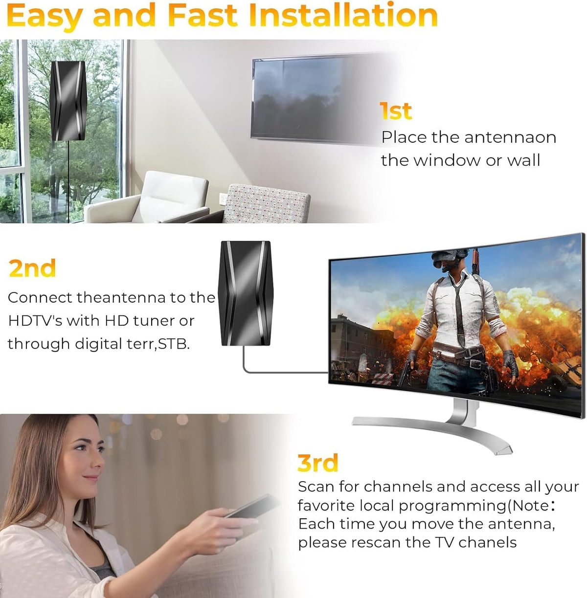 TV Antenna with Amplifier and 42ft Coax Cable G502