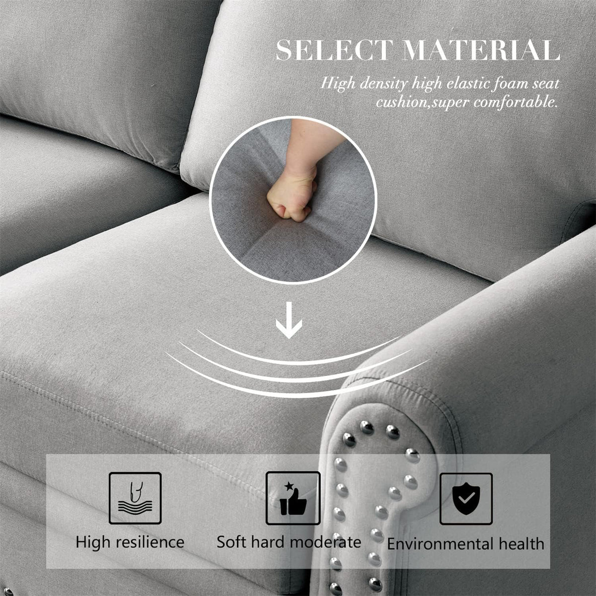 Grey Fabric Upholstered Sofa with Storage and Solid Wood Legs S8966