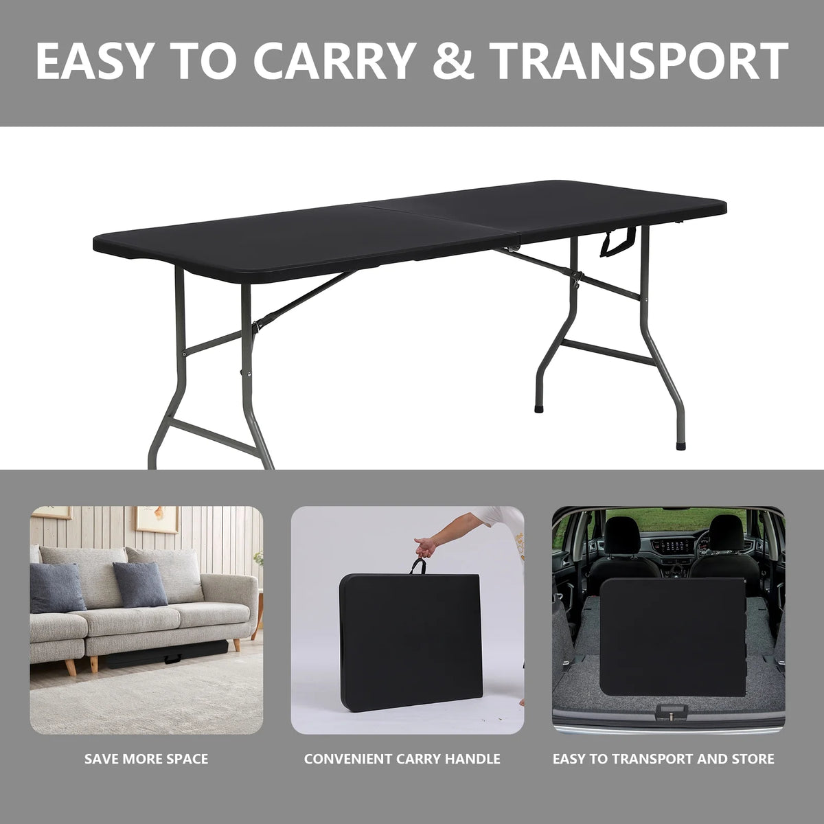 6ft Black Portable Plastic Folding Table Q304
