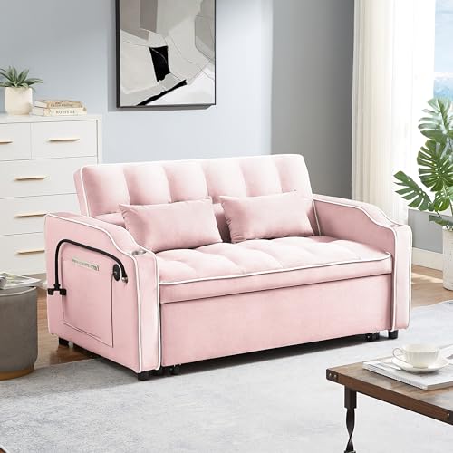 Pink Velvet Pull Out Sofa Bed F606