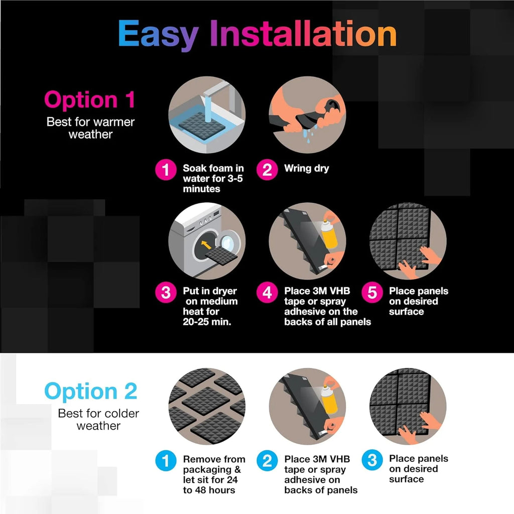 Acoustic Foam Panels 2 x 12 x 12 Mushroom 24 Pack Black K492