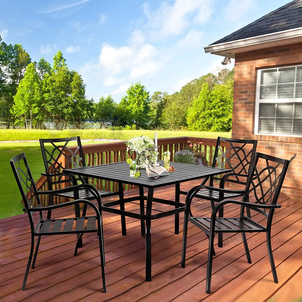 4 Seat Metal Square Outdoor Dining Table with Umbrella Hole, Black H83548