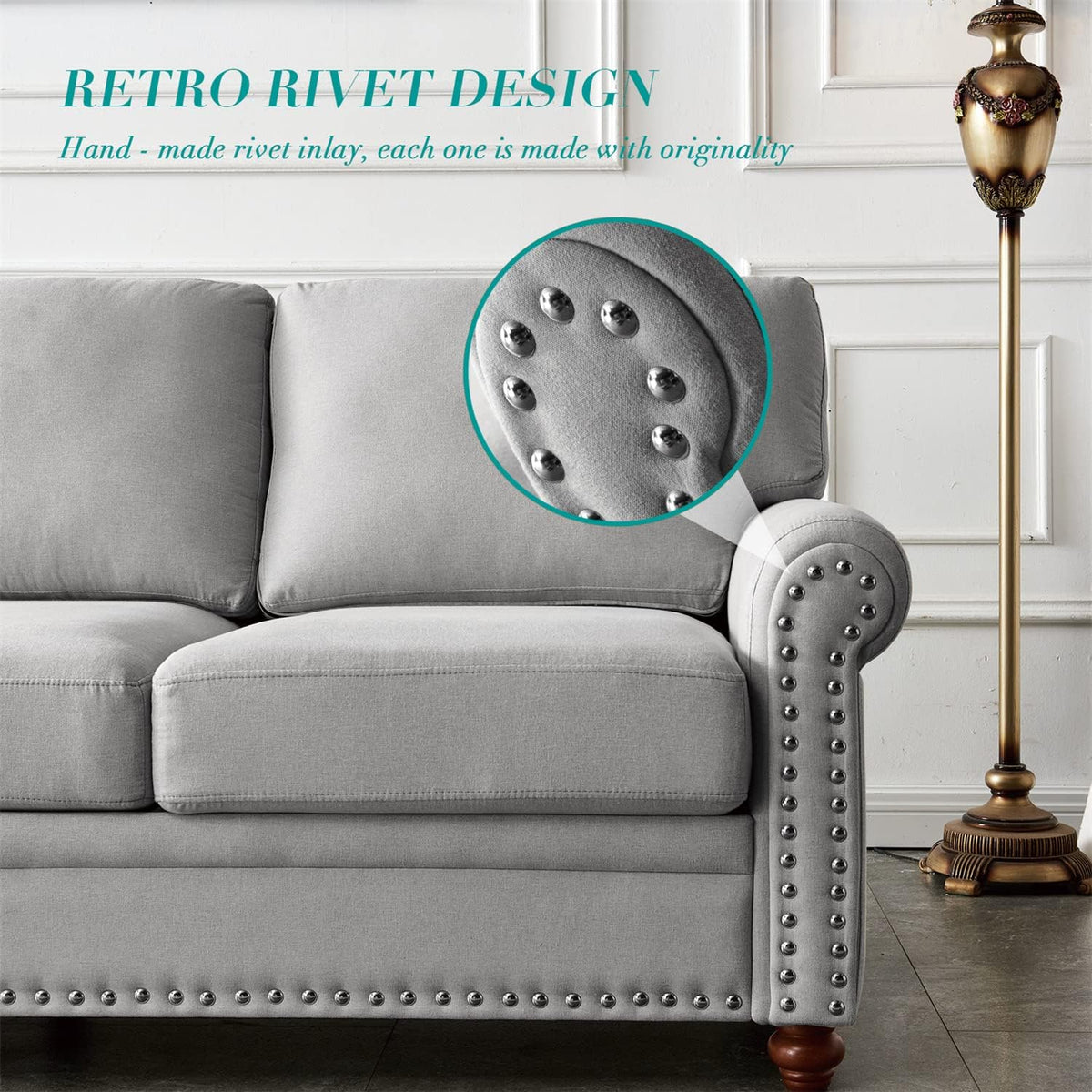 Grey Fabric Upholstered Sofa with Storage and Solid Wood Legs S8966