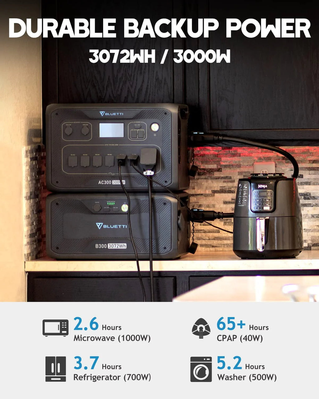 3072Wh Expansion Battery Power Station with 3 200W Solar Panels L37993