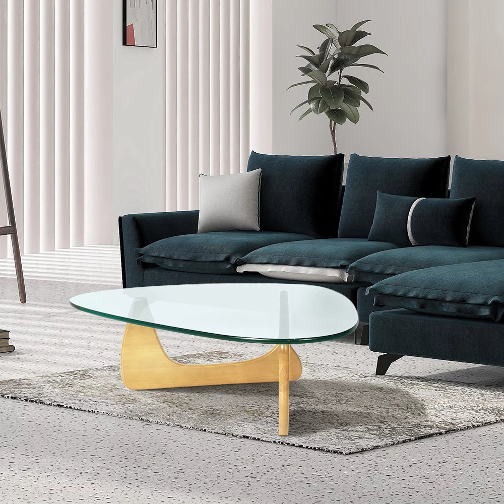 Modern Triangle Coffee Table Glass Top Wood Base S787520