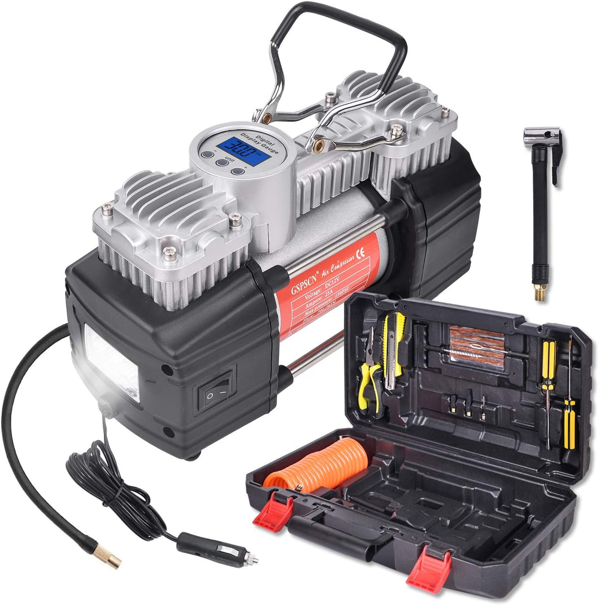 Portable Air Compressor Pump Tire Inflator with Digital Gauge, Heavy Duty Double Cylinder 12V Tire Pump 150 PSI with Tire Repair Kit and Toolbox, Pack of 2 N344