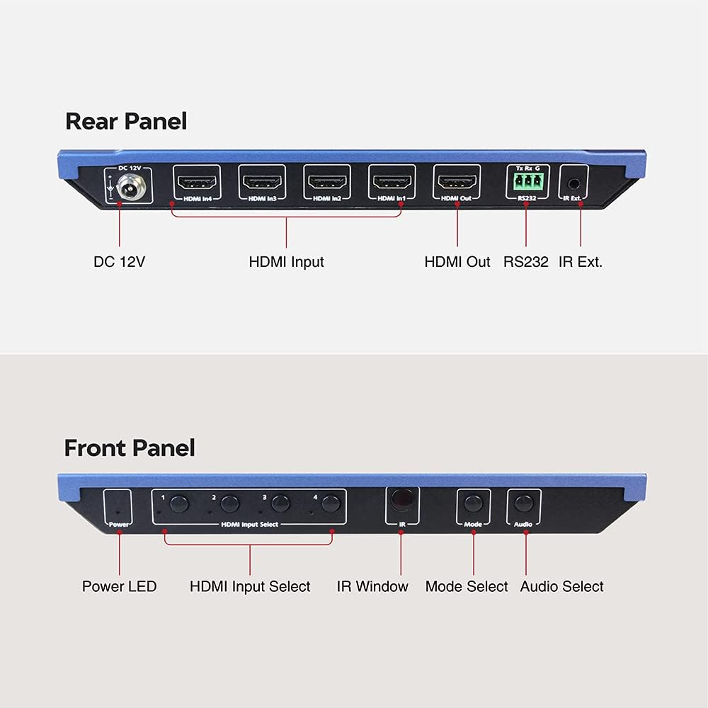 4x1 4K HDMI Multiviewer Switch Screen Divider with Seamless Switching, 4K/1080p HDMI Out, Split Screen, IR Extension Remote + RS232 Control Z4236