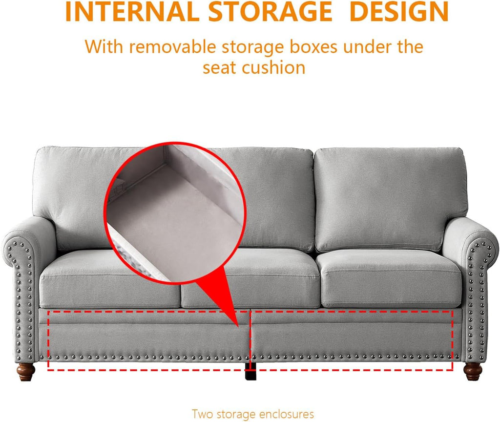 Grey Fabric Upholstered Sofa with Storage and Solid Wood Legs S8966