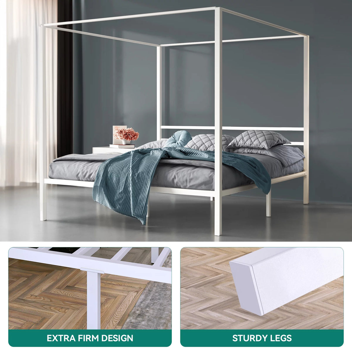 White Twin Size Metal Canopy Platform Bed Frame with Headboard W293674