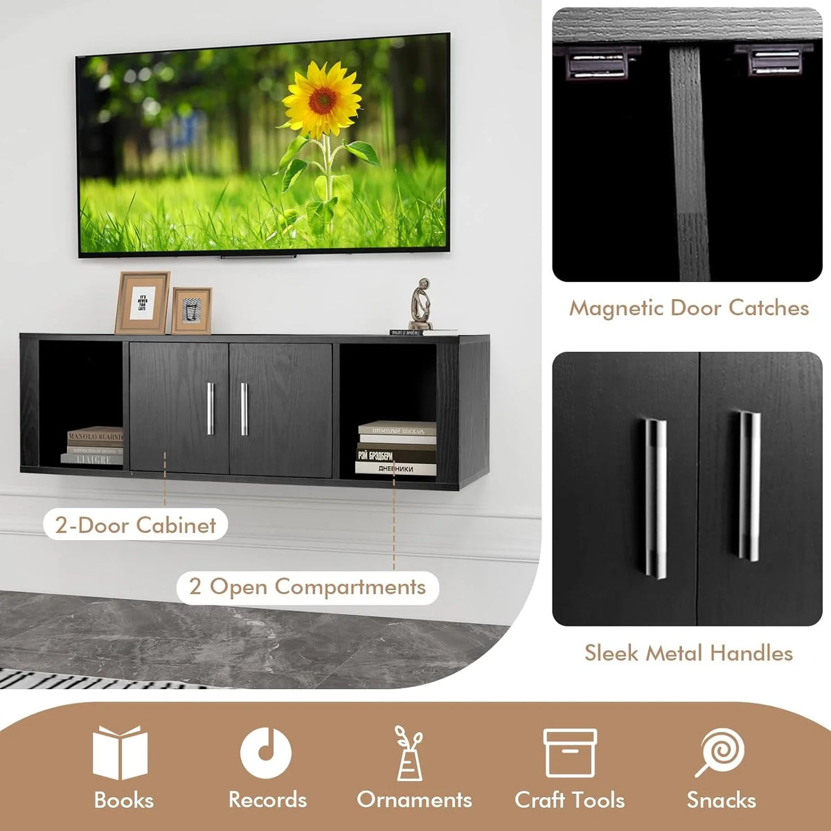 Wall Mounted Storage Cabinet 2 Cube Floating Desk with 2 Doors and 2 Open Shelves Black T926