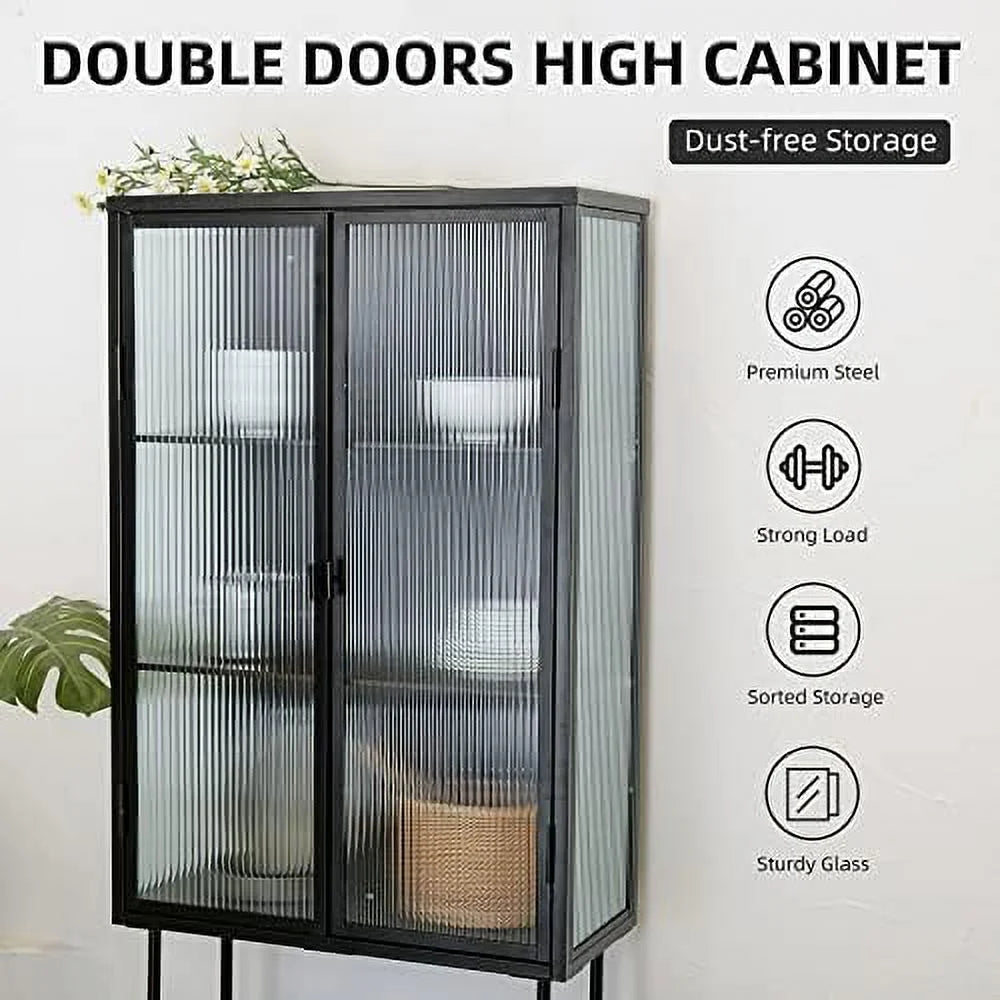 Black Fluted Glass Cabinet with Removable Shelves P2266