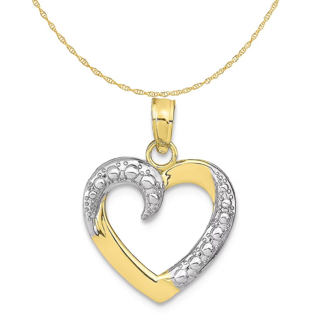 10K Two-Tone Gold Rhodium Plated Heart Pendant With 10K Yellow Gold Rope Chain 20" D385