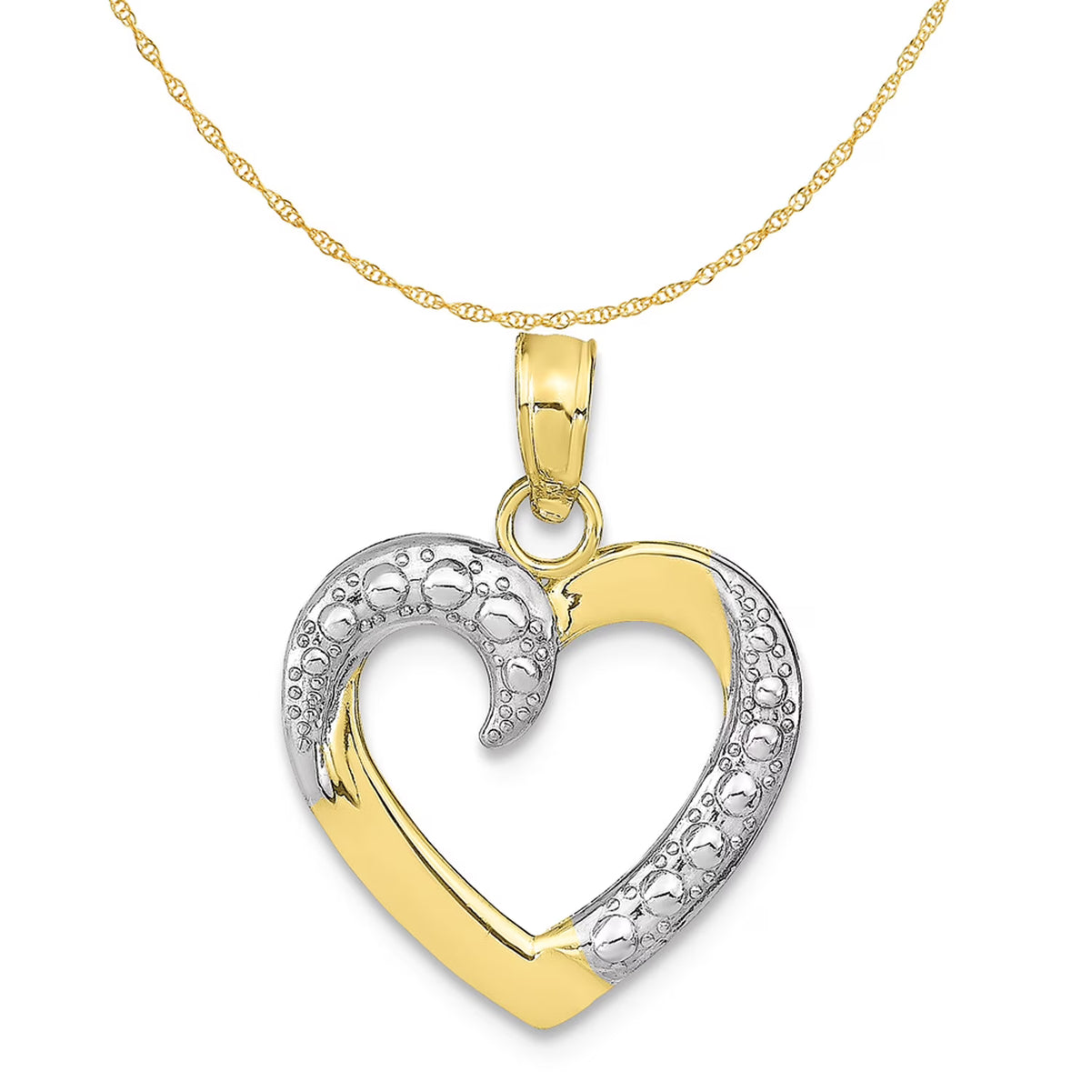 10K Two-Tone Gold Rhodium Plated Heart Pendant With 10K Yellow Gold Rope Chain 20" D385