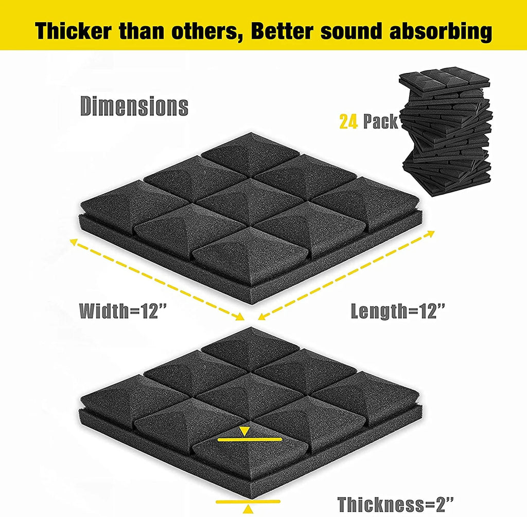 Acoustic Foam Panels 2 x 12 x 12 Mushroom 24 Pack Black K492