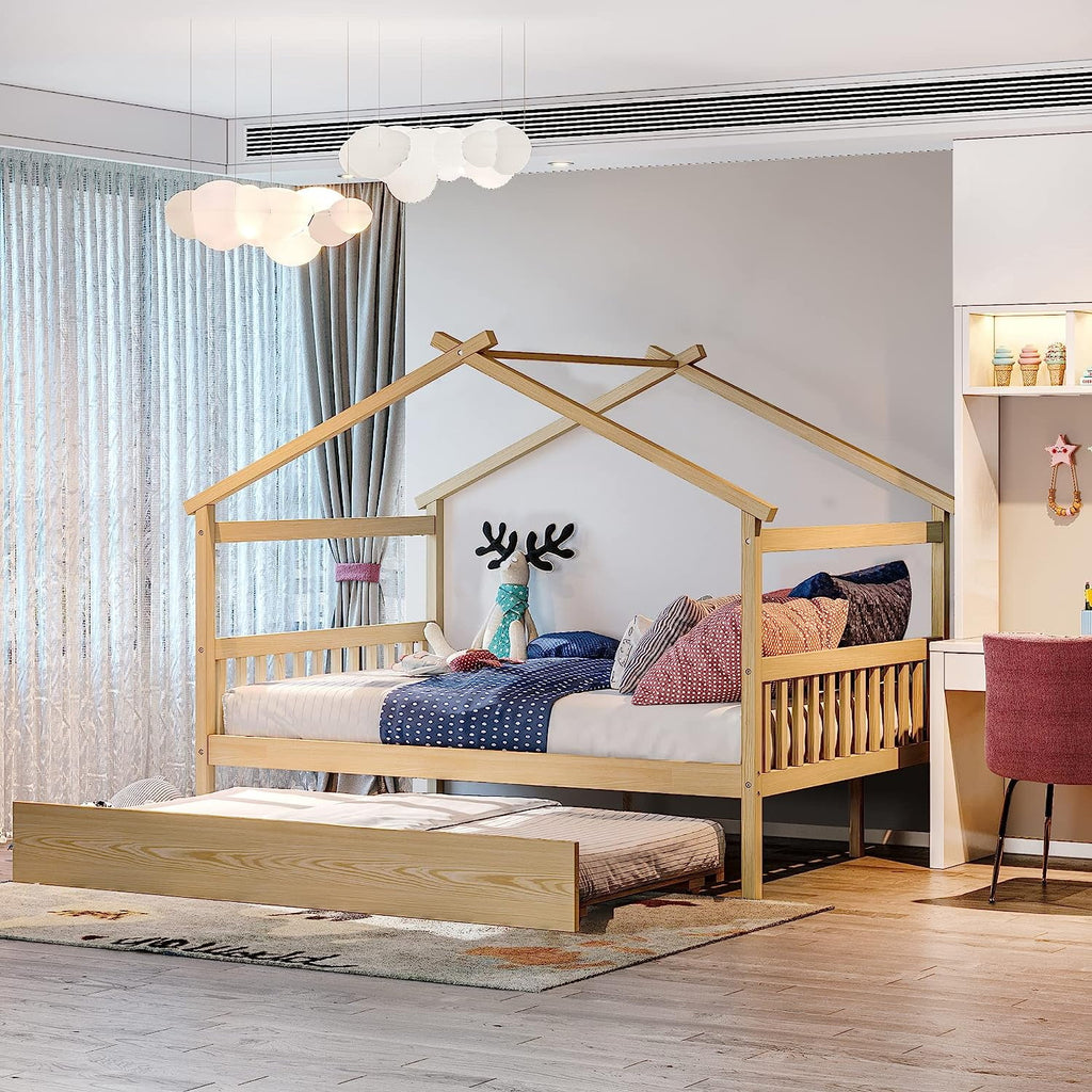 Full Size Wooden House Bed with Headboard and Roof E321218