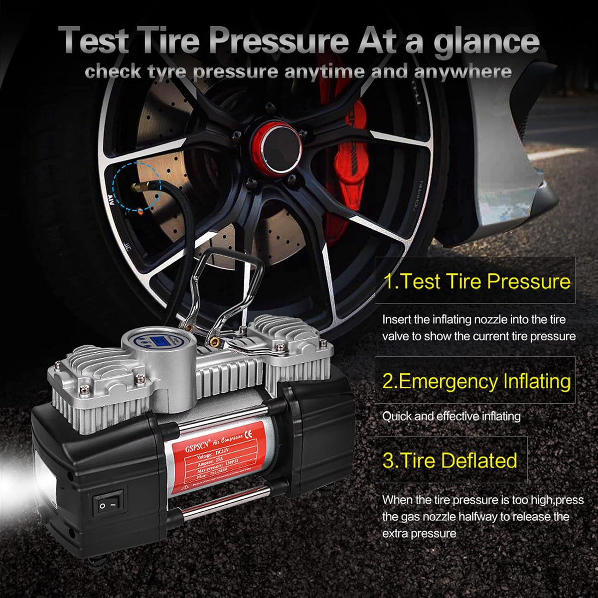 Portable Air Compressor Pump Tire Inflator with Digital Gauge, Heavy Duty Double Cylinder 12V Tire Pump 150 PSI with Tire Repair Kit and Toolbox, Pack of 2 N344