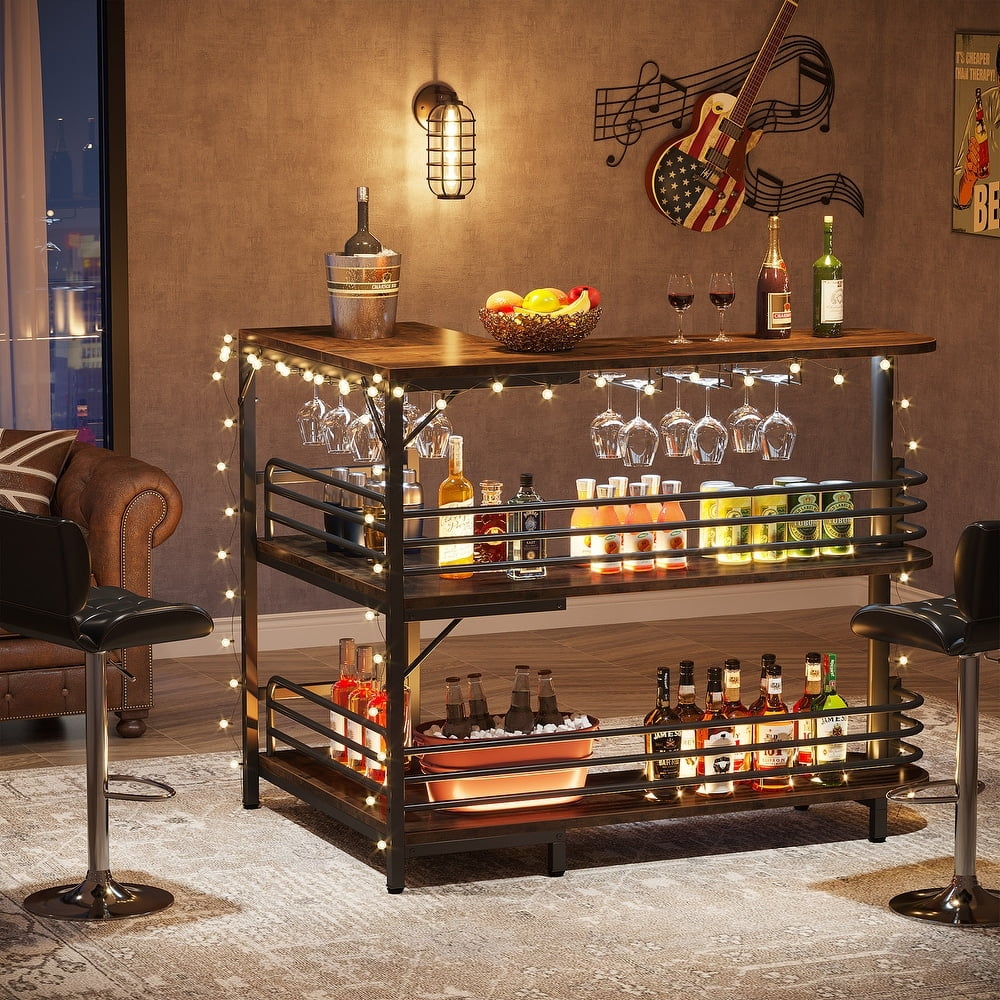 Rustic Brown L-Shaped 3 Tier Liquor Bar Table with Storage Shelves and Wine Glasses Holder O260
