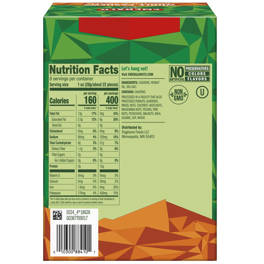 Whole Cashews Roasted & Salted 8 CT Box 20 oz Pack of 6 G948