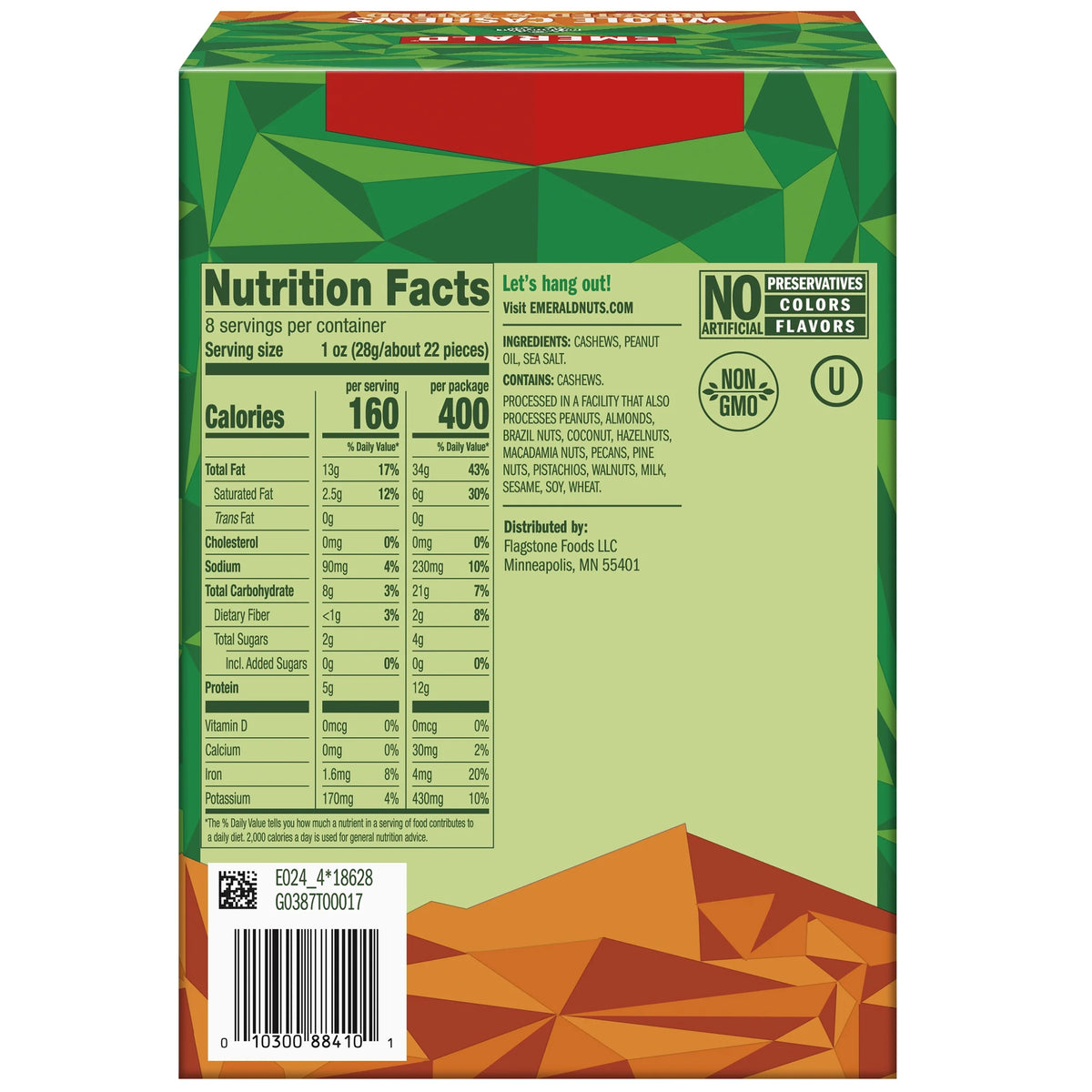 Whole Cashews Roasted & Salted 8 CT Box 20 oz Pack of 6 G948