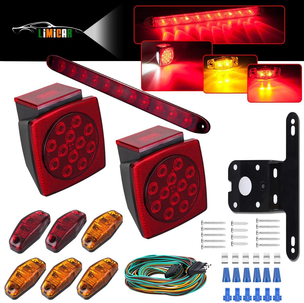 LED Trailer Lights Kit, Submersible Square Stop Turn Tail Lights with Wire & Bracket, Red/Amber Side Marker Lights, 3rd Brake ID Light Bar Y39175