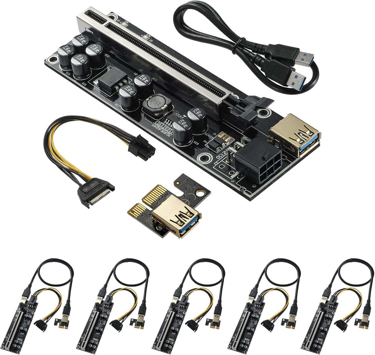 PCIE Riser with 6PIN SATA Power Cable and 60cm USB 3.0 Cable, 6 Pack P32883