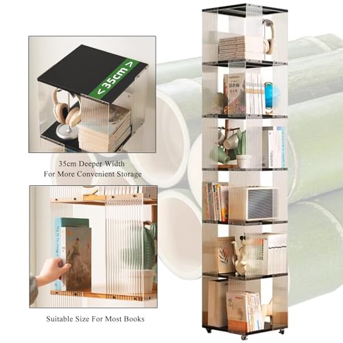 Brown Bamboo 360° Rotating Rolling Bookcase with Wheels R559