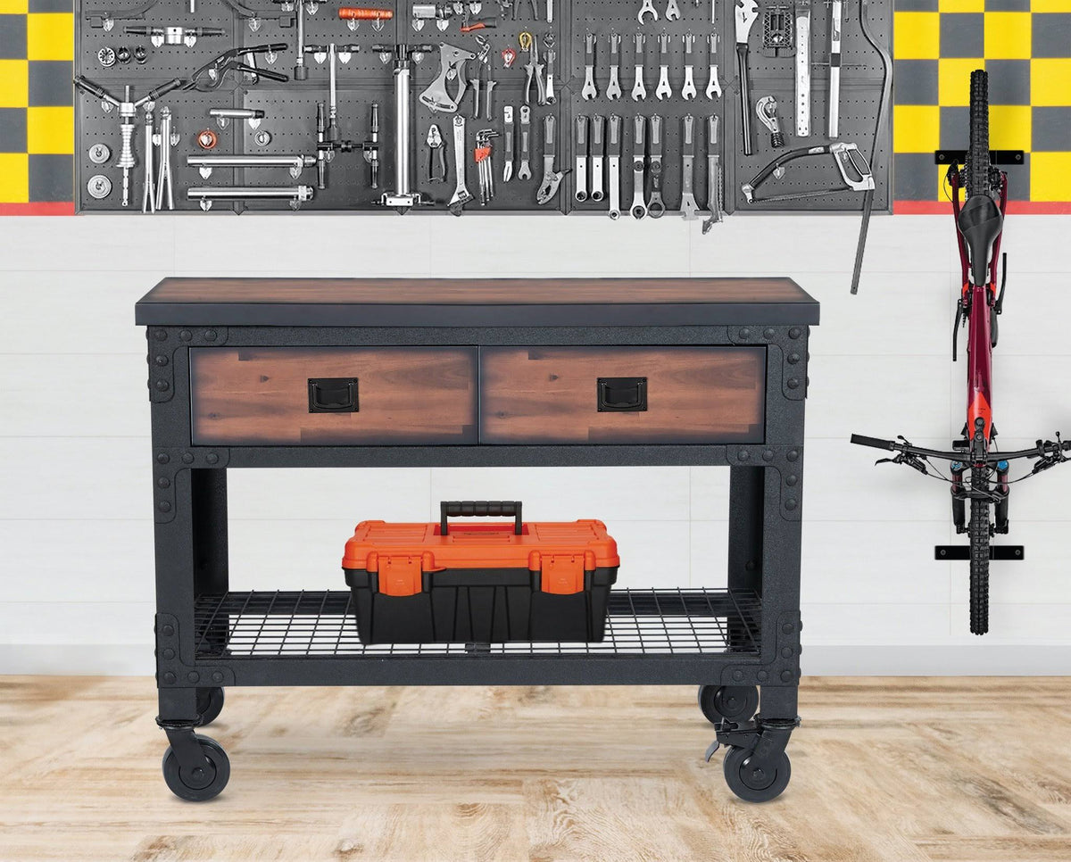 48 in x 24 in 2 Drawer Rolling Industrial Workbench with Wood Top E4297