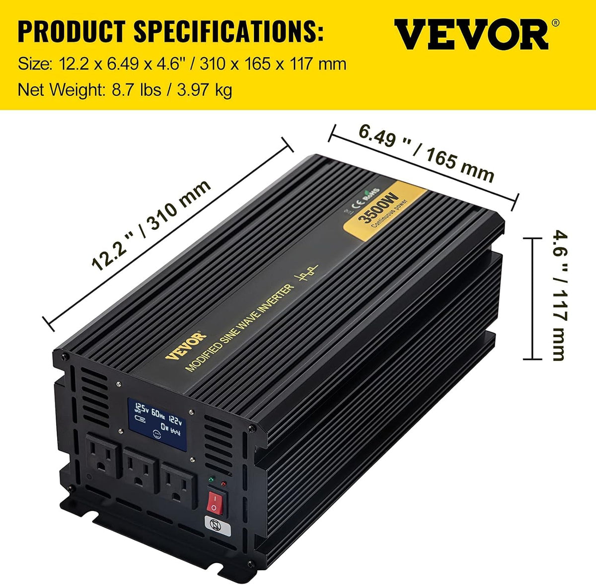 3500W Modified Sine Wave Power Inverter, DC 12V to AC 120V, with LCD Display and Remote Controller H4167
