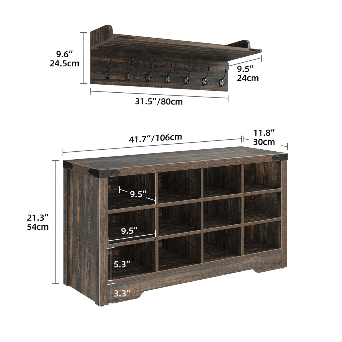 Industrial Hall Tree Coat Rack with Shoe Bench O489724