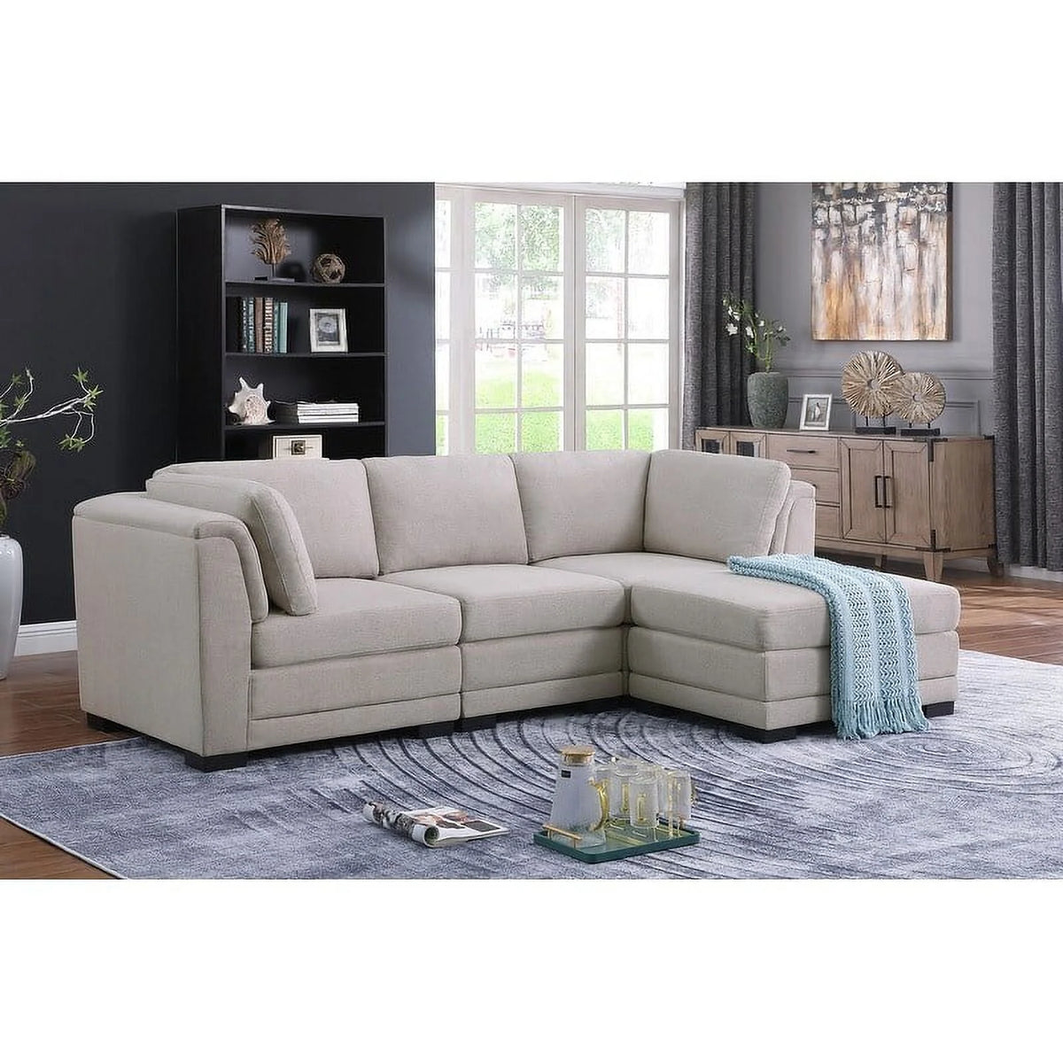 Light Gray Linen Reversible Sectional Sofa with Ottoman U50692