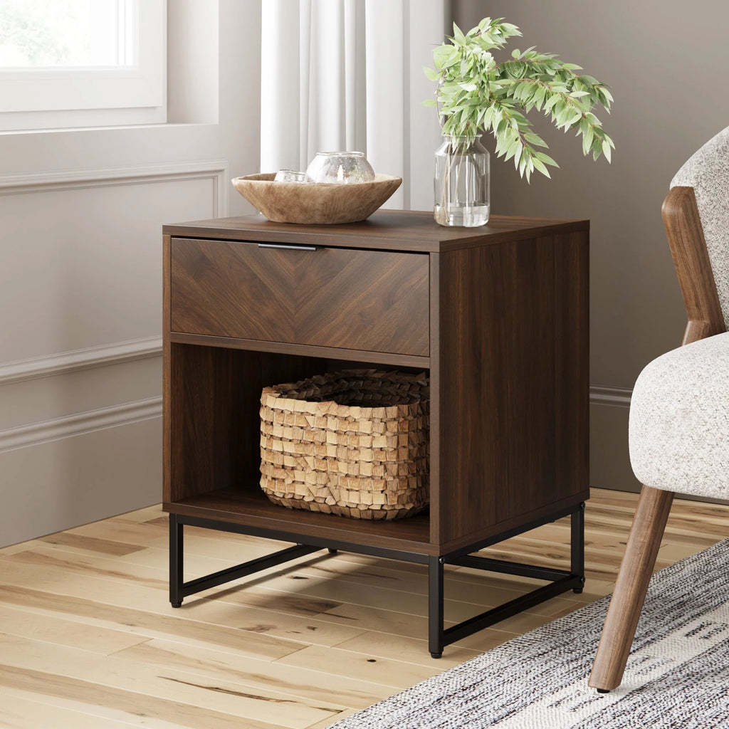 Walnut Rustic Nightstand with Open Cubby and Drawer Z245