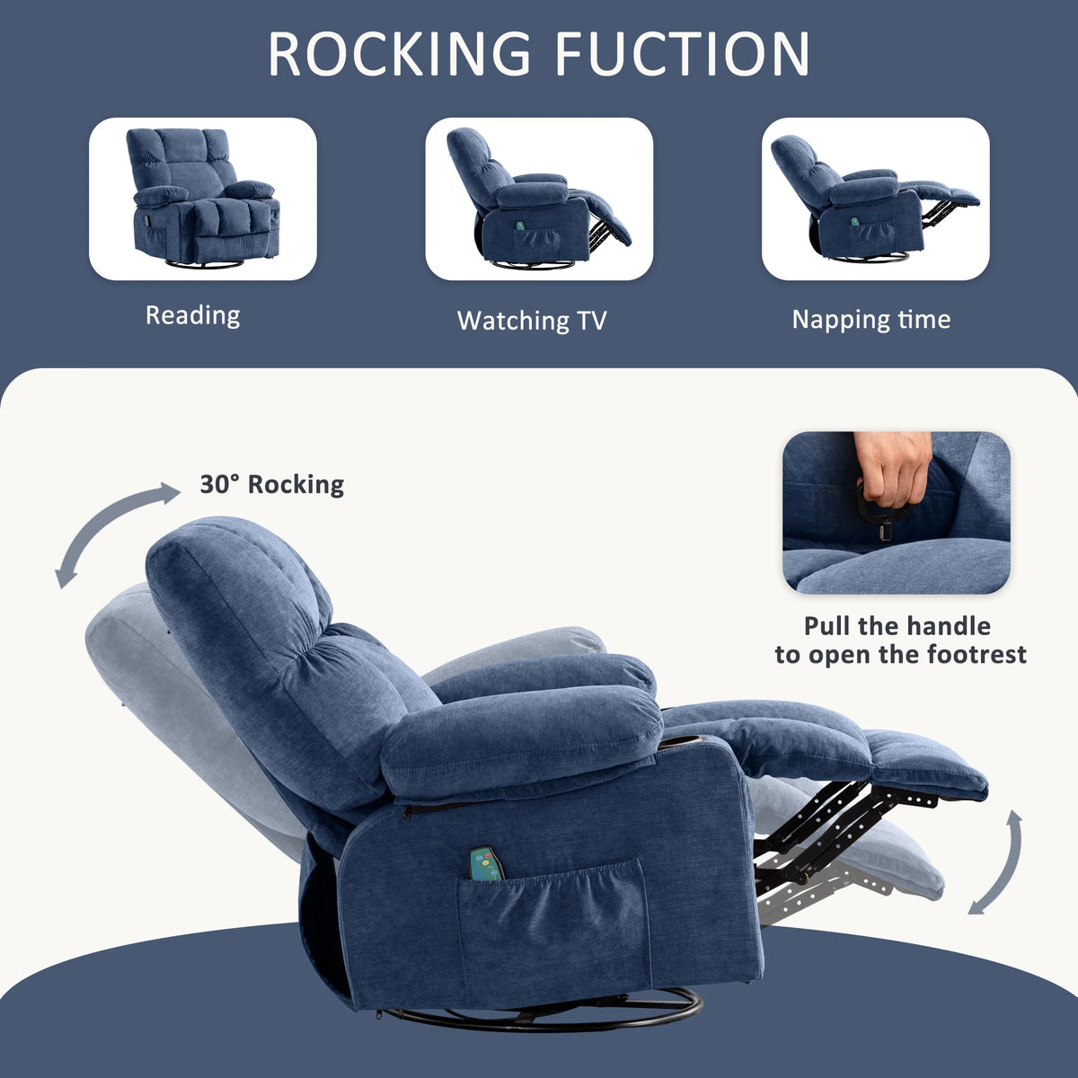 Blue Ergonomic Massage Rocker Recliner Chair with Vibration and Heat P98857