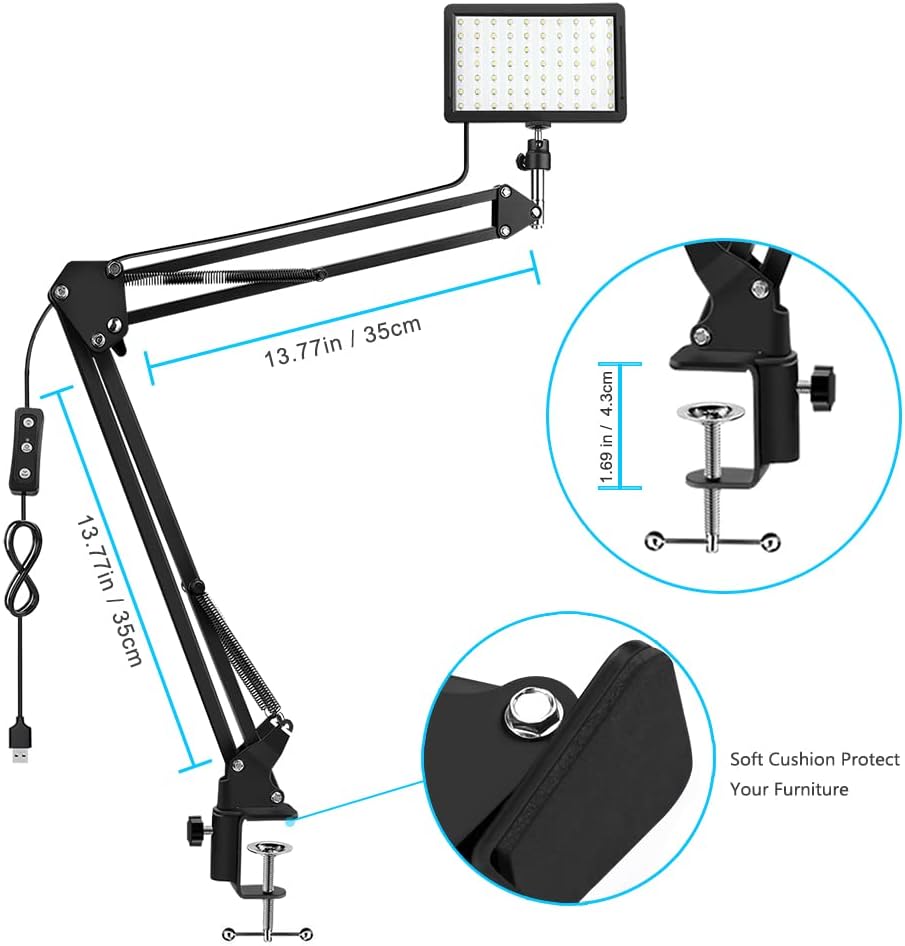 2 Packs 70 LED Video Conference Lighting with Clamp Scissor Arm Stand, Color Filters, USB Wall Charger, 5600K USB Studio Light Kit H3138