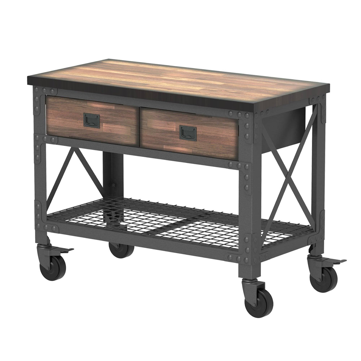 48 in x 24 in 2 Drawer Rolling Industrial Workbench with Wood Top E4297