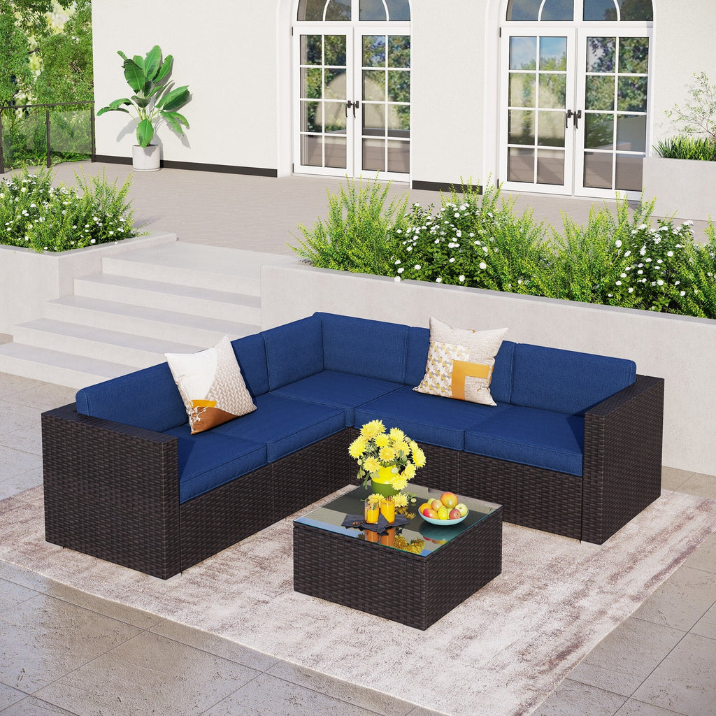 6-Piece Beige Rattan Outdoor Sectional Sofa Set with Tea Table A575851