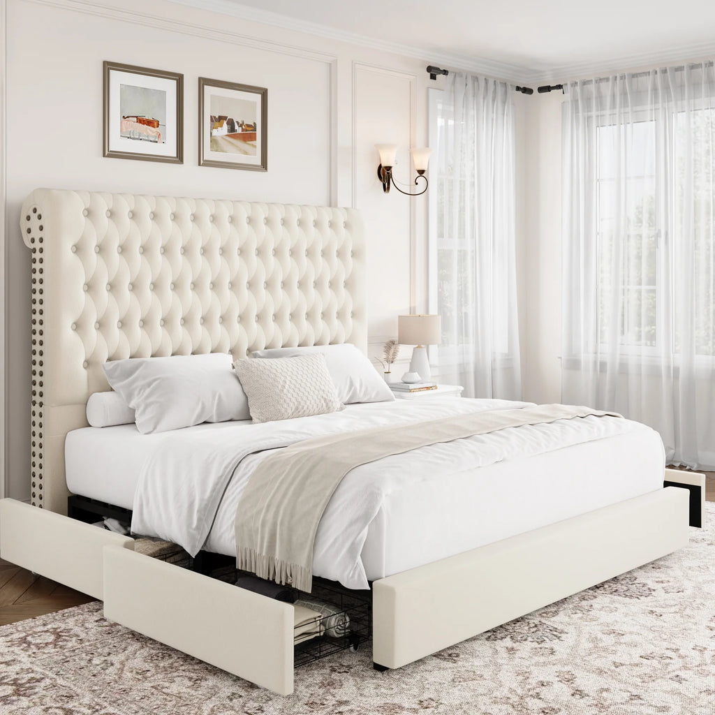 Queen Size Storage Bed with Tall Headboard and Drawers F337584