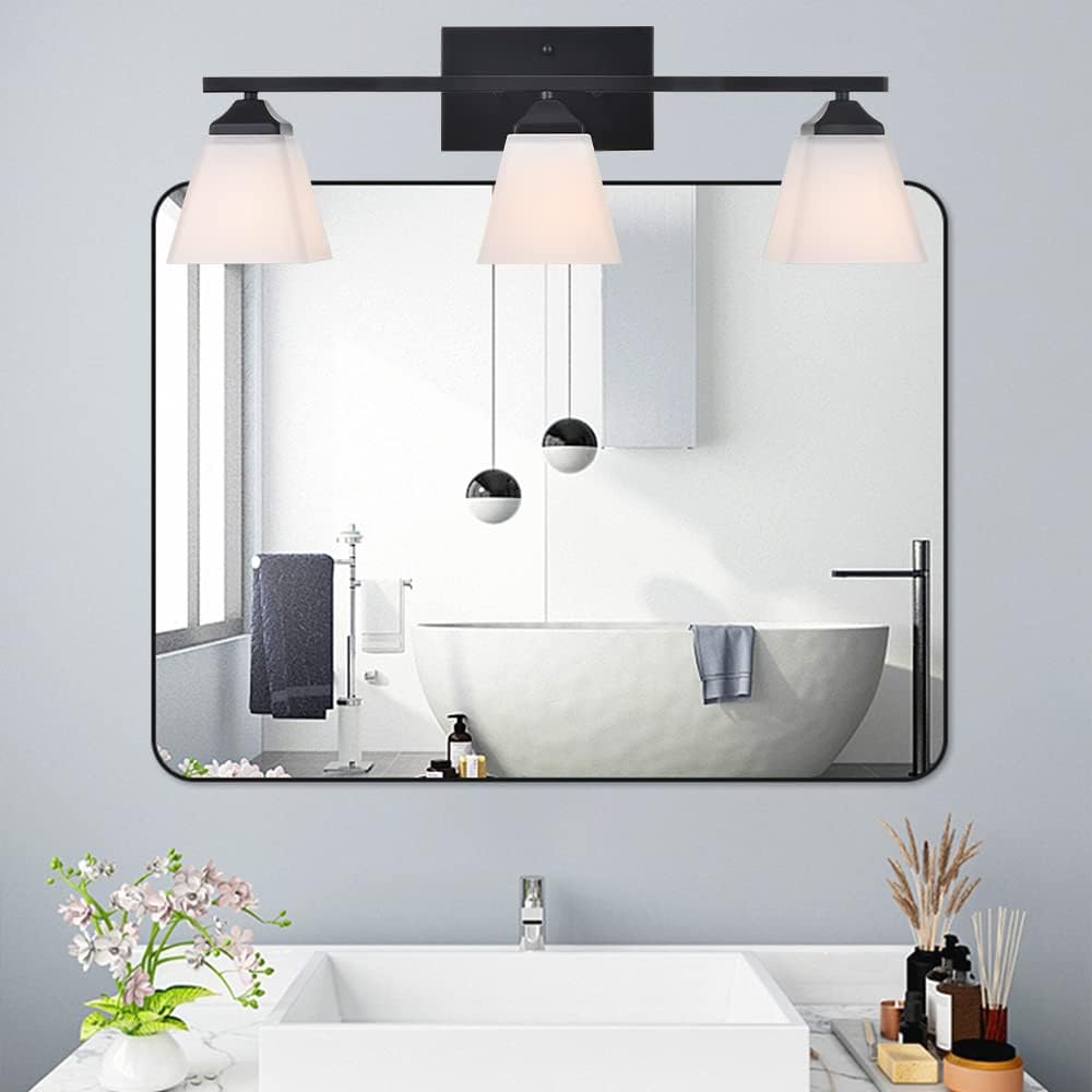 3 Light Black Bathroom Vanity Light Fixture with Opal White Glass Shade T6236