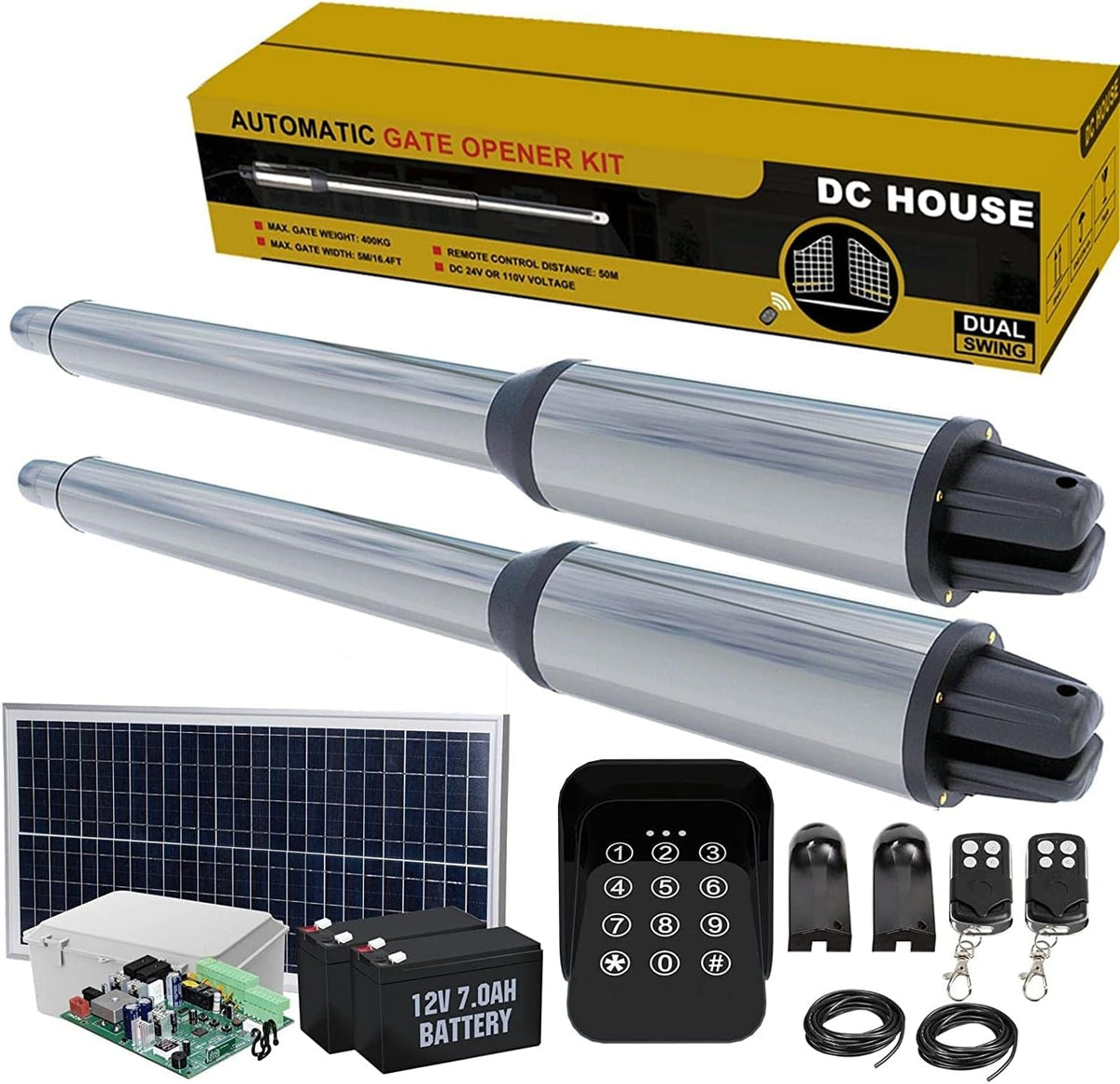 24V DC/AC Heavy-Duty Automatic Solar Dual Gate Opener Kit with Keypad + Car Sensor for Swing Gates Up to 16.4 Feet U20490