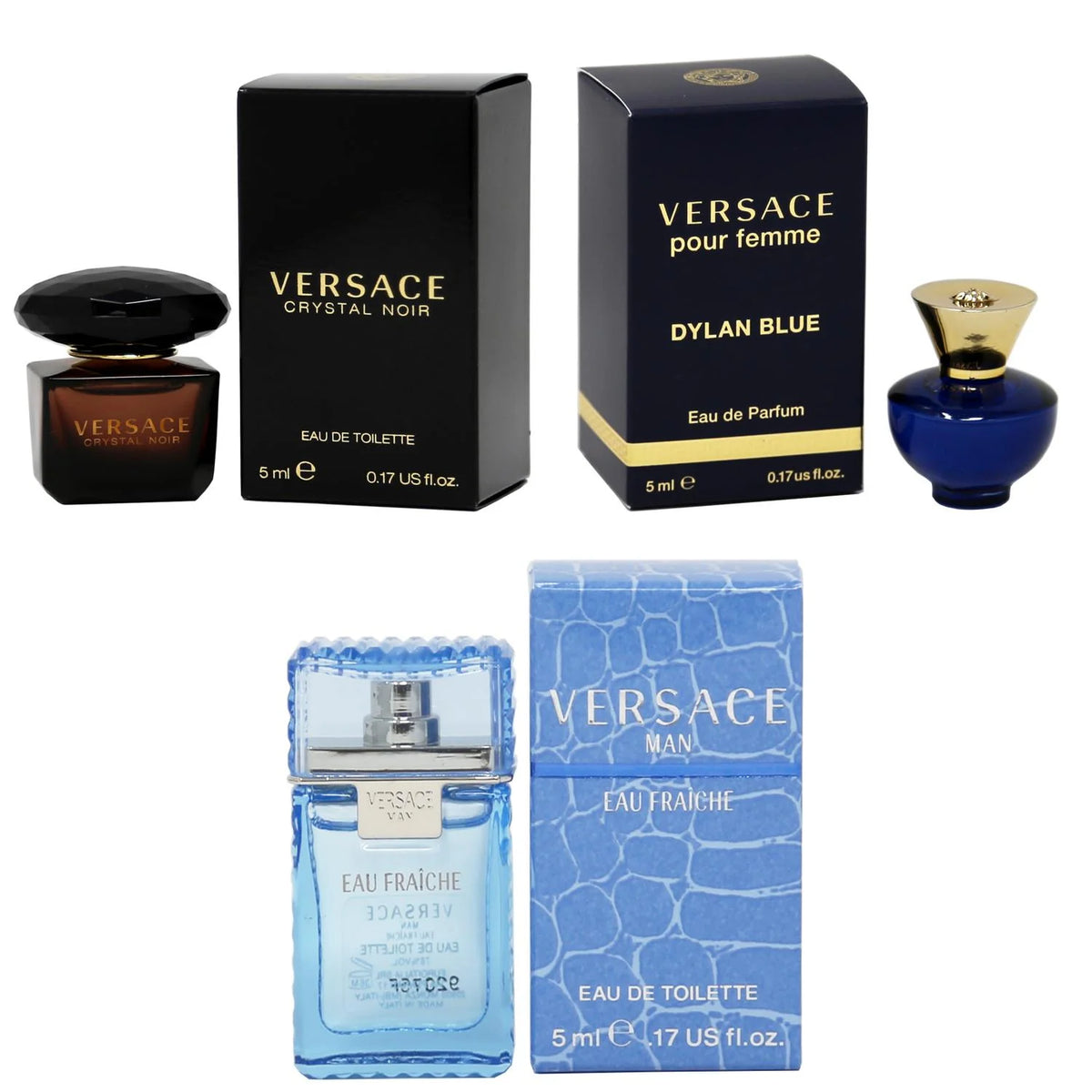 Crystal Noir EDT, Dylan Blue Femme EDP, Man Eau Fraiche EDT 5ml 3PK Kit U9062