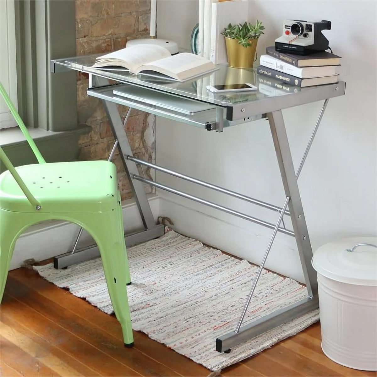 Small Work from Home Office Laptop Computer Desk with Glass Top in Silver M434