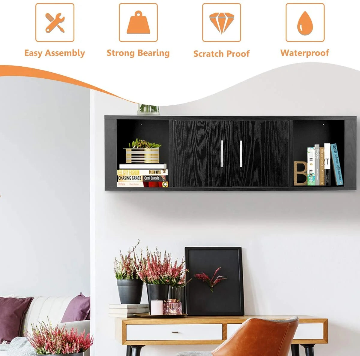 Wall Mounted Storage Cabinet 2 Cube Floating Desk with 2 Doors and 2 Open Shelves Black T926