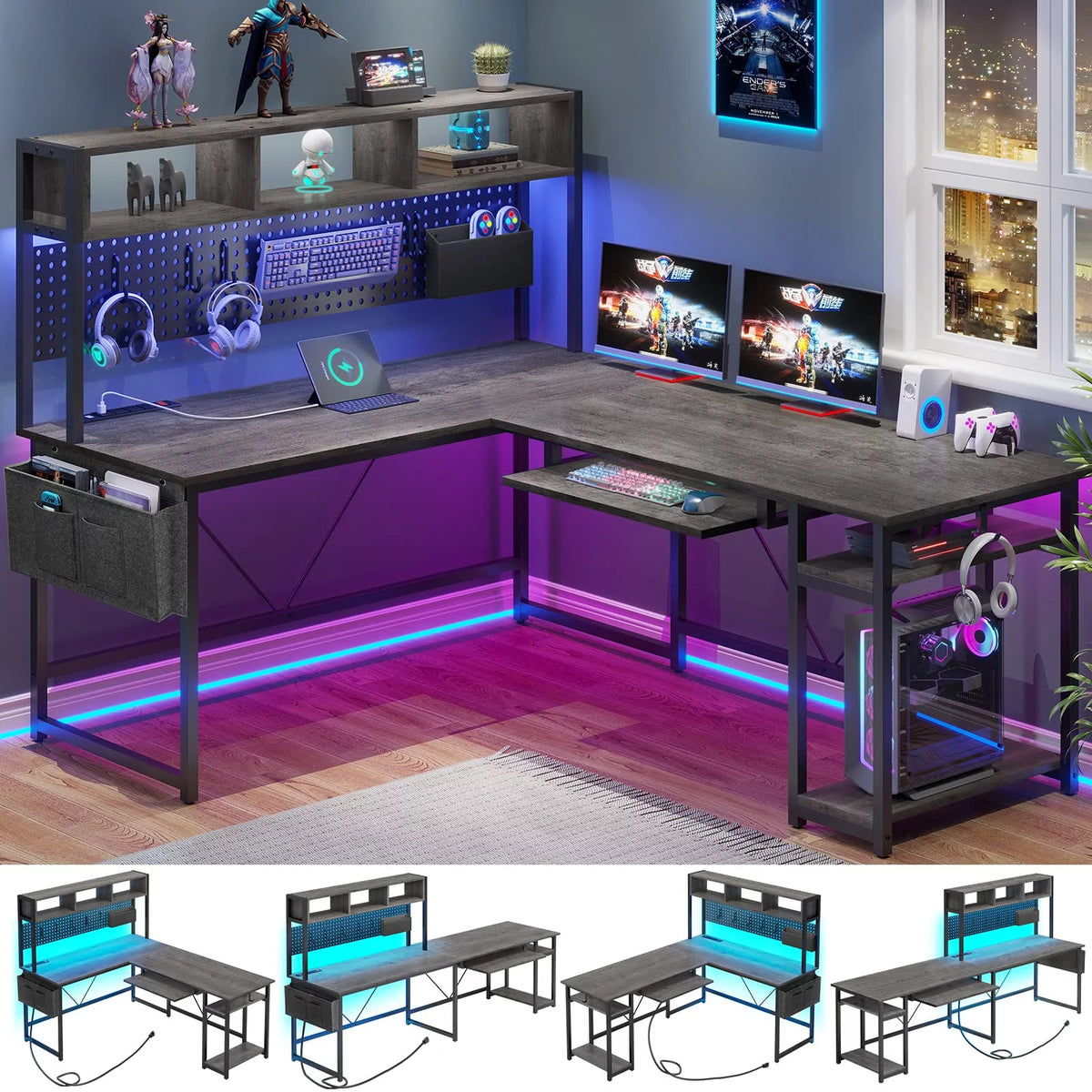 L Shaped Desk with Hutch and Power Outlet V143