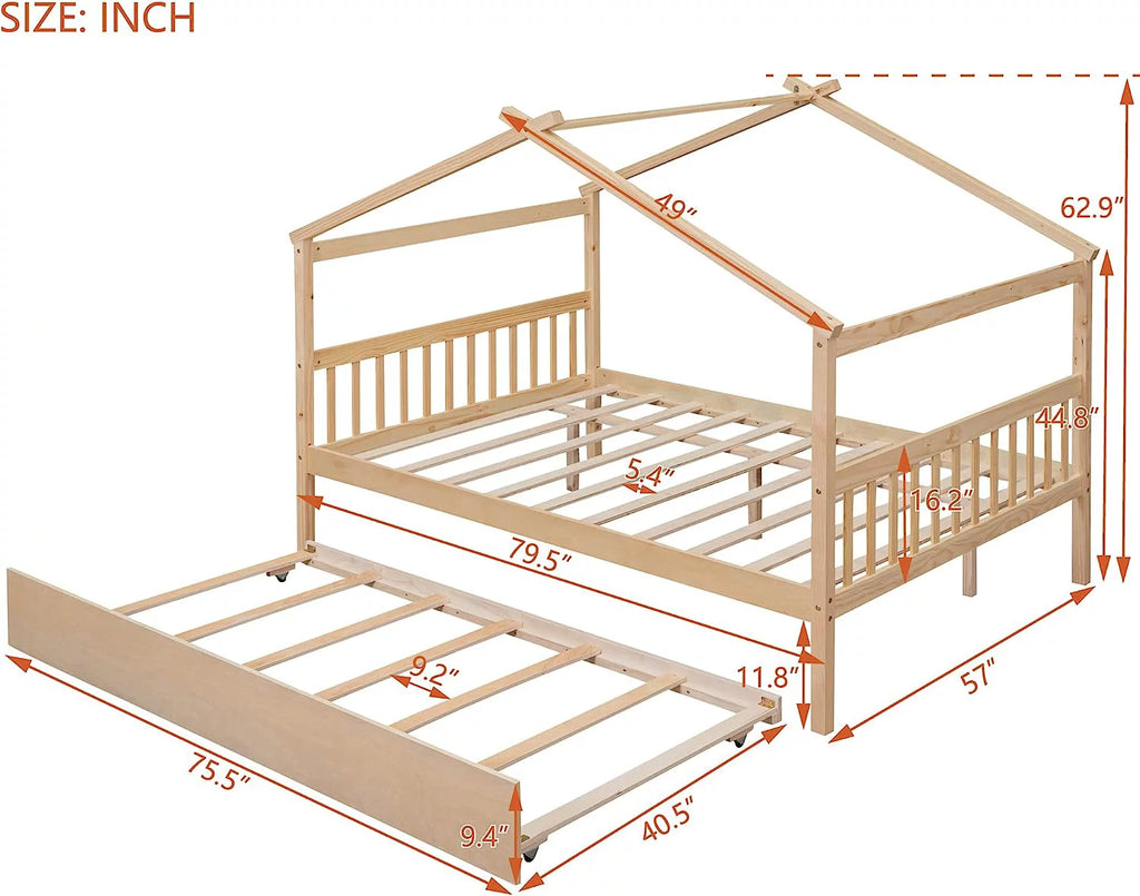 Full Size Wooden House Bed with Headboard and Roof E321218