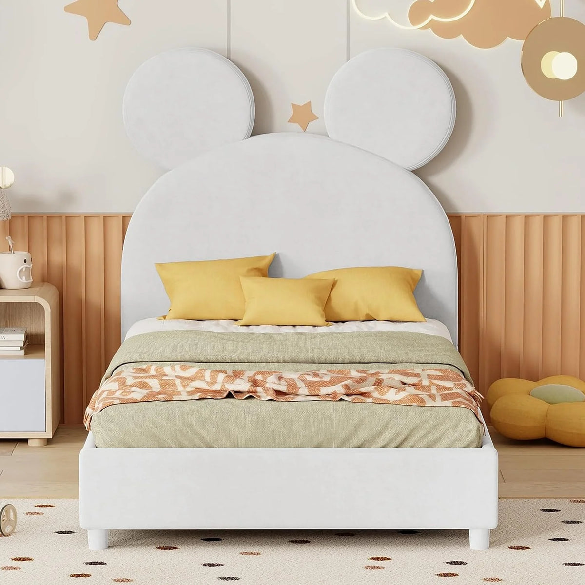 Beige Velvet Upholstered Bed Frame with Slat Support W945