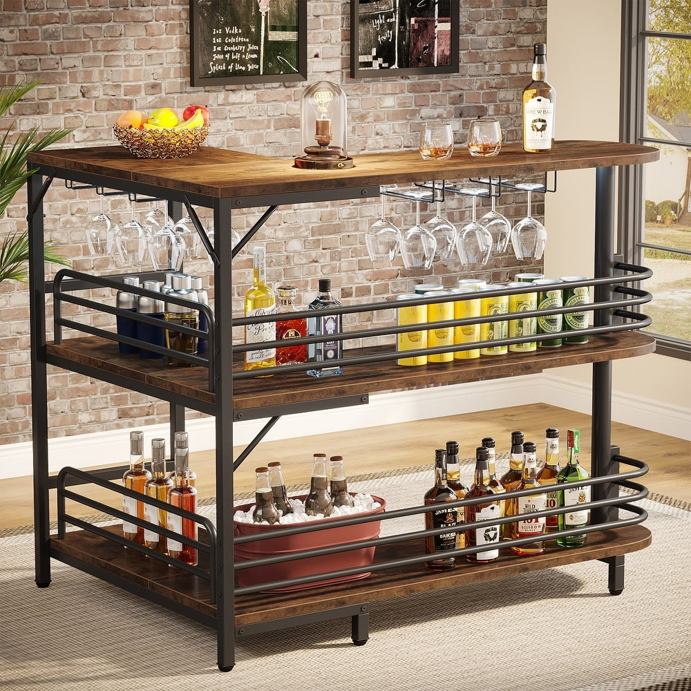Rustic Brown L-Shaped 3 Tier Liquor Bar Table with Storage Shelves and Wine Glasses Holder O260