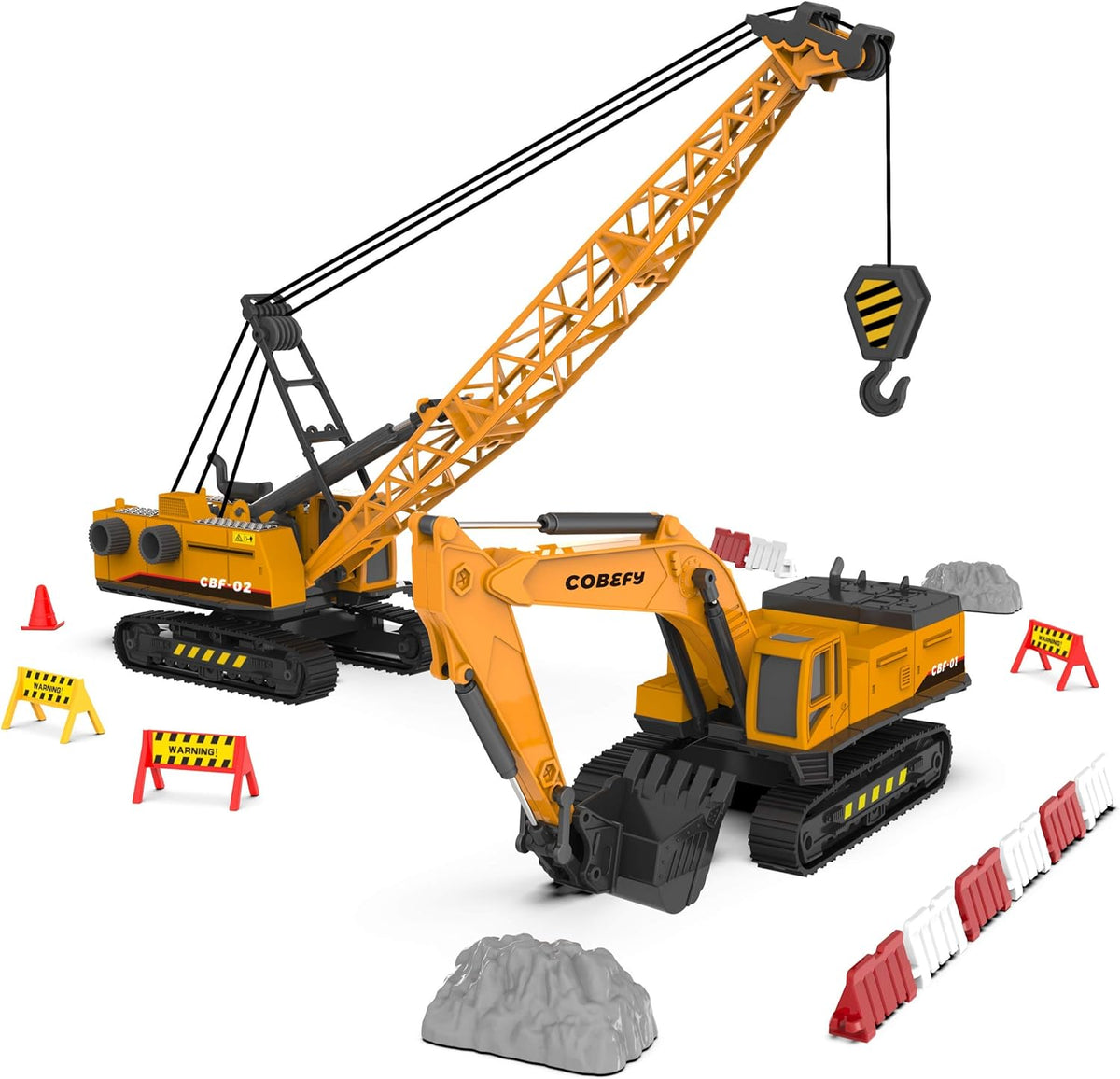 Construction Trucks Toy Vehicles Playset, Set of Crane & Excavator Toy with Road Sign Accessories(36pcs) R429