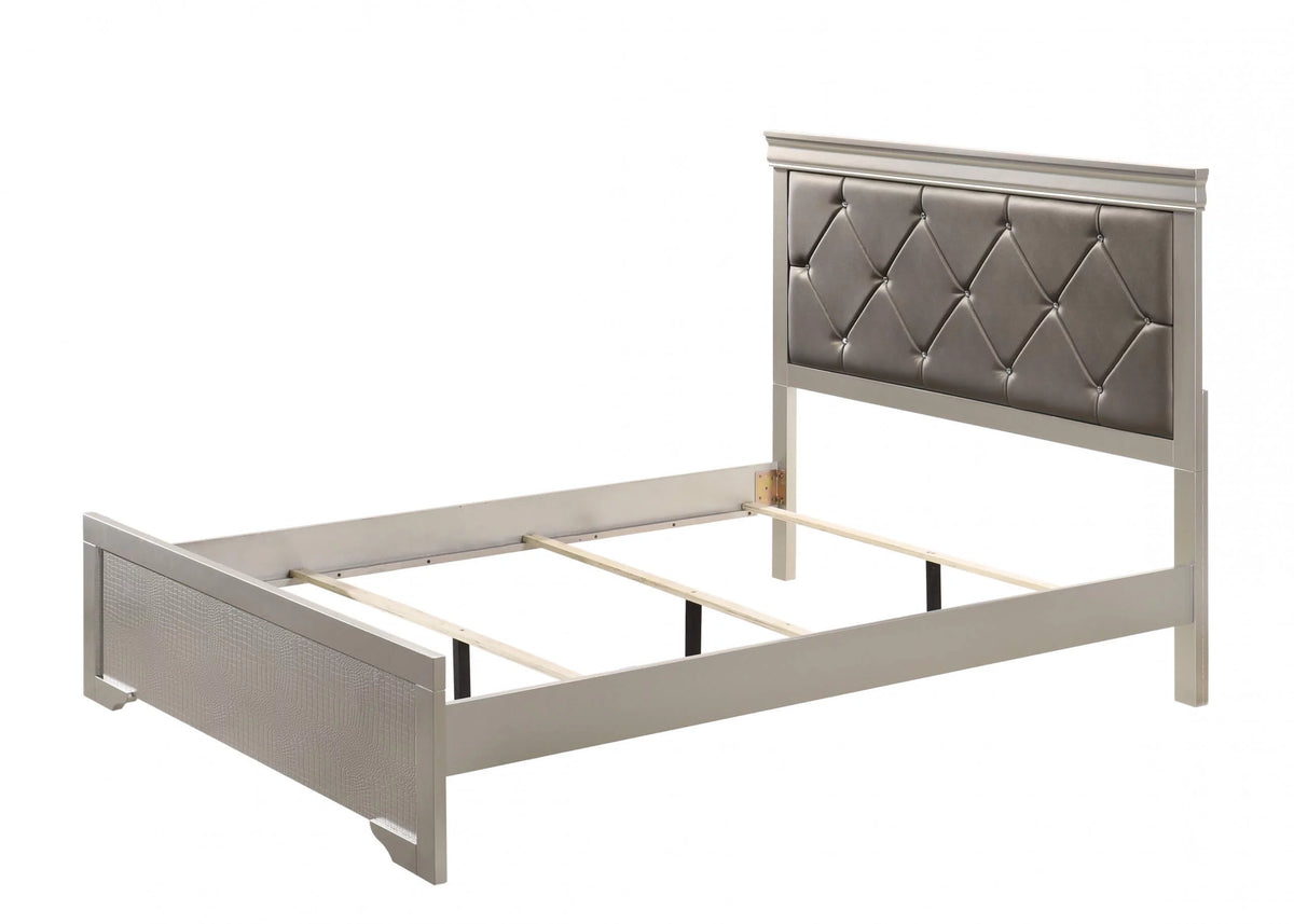 Silver Finish Queen Size Upholstered Button Tufted Headboard Bed Nightstand Set C1879